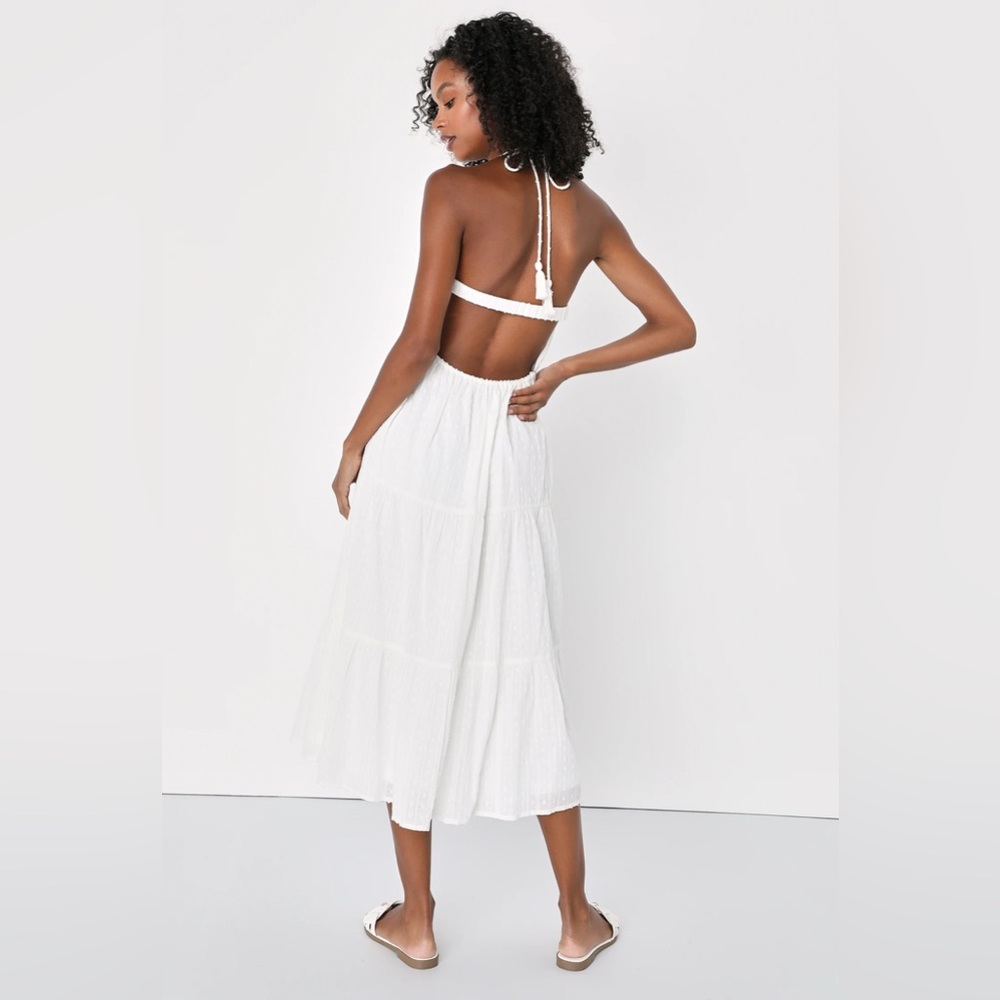 NWT Lulus - Sunny Reverie White Swiss Dot Lurex Halter Midi Dress - Picture 4 of 7